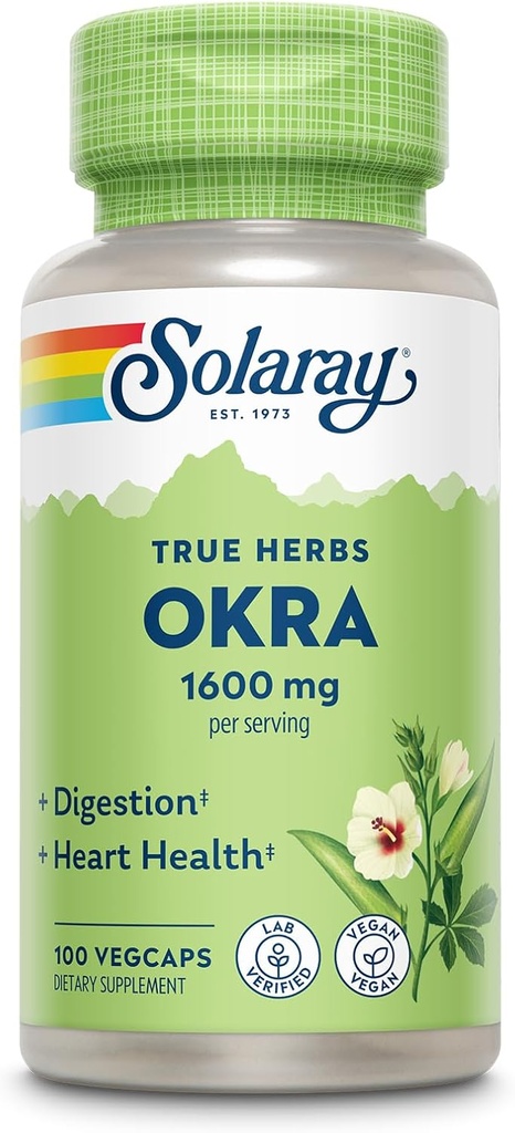 SOLARAY Okra Fruit 1600 mg - High Fiber Supplement for Wellness Support - Bogate Źródło Fiber Rozpuszczalny - odpowiednik 6,4 g Świeże Okra na Serving, Wegan, 60- Day Guarantee - 25 Służb, 100 VegeCaps
