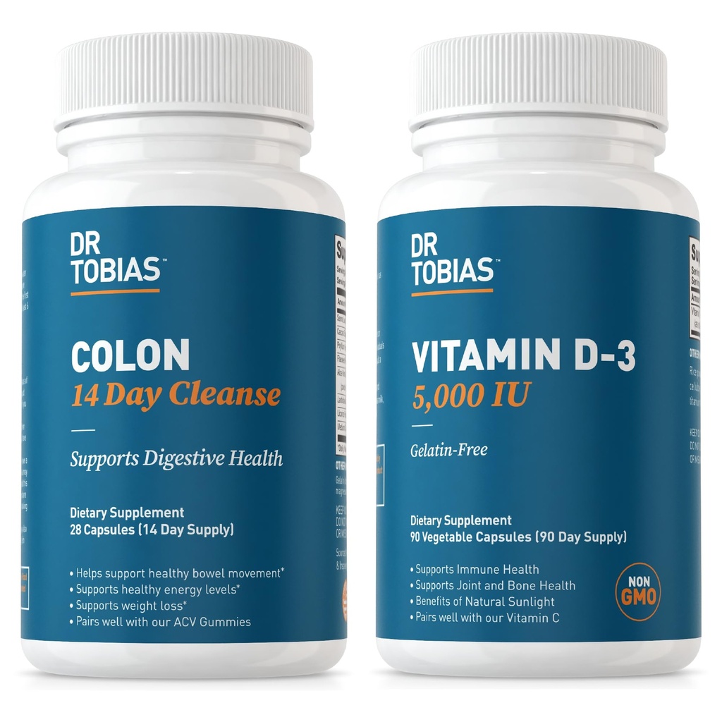 Dr Tobias Colon 14 Day Cleanse i witaminy D3 5000 j.m. Wsparcie ogólnego zdrowia, układu immunologicznego i układu pokarmowego. Non-GMO Gut Cleanse i witaminy dla mężczyzn i kobiet.