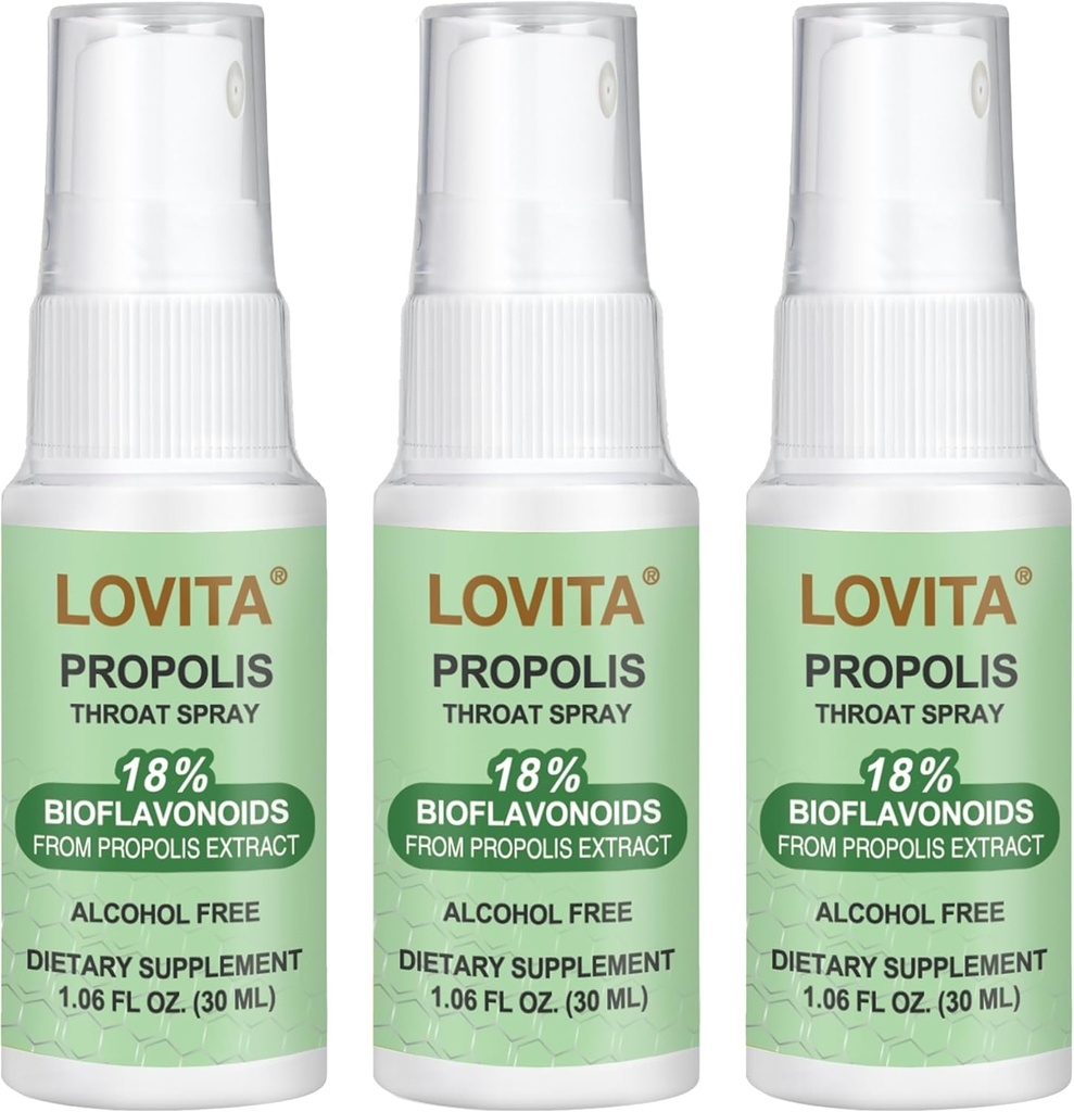 Lovita Propolis Throat Spray, Canadian Propolis Spray, High Potent 500 mg Propolis na ml z 9: 1 Wysoki koncentrat, Natural Sore Throat Spray dla immunologicznego wsparcia, 1 Fl Oz (Pack of 3)
