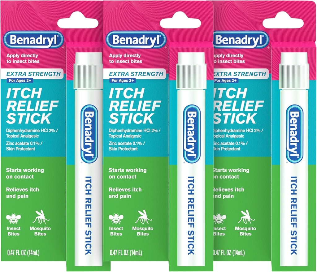 Benadryl Extra Siła anty- Itch Relief Stick, Bug Bite Itch Relief, Difenhydramina HCl Tematyczny analgesic & Cynk Acetate Protectant skóry, Wielki dla Camping Essentials, 0.47 fl oz (Opakowanie 3)