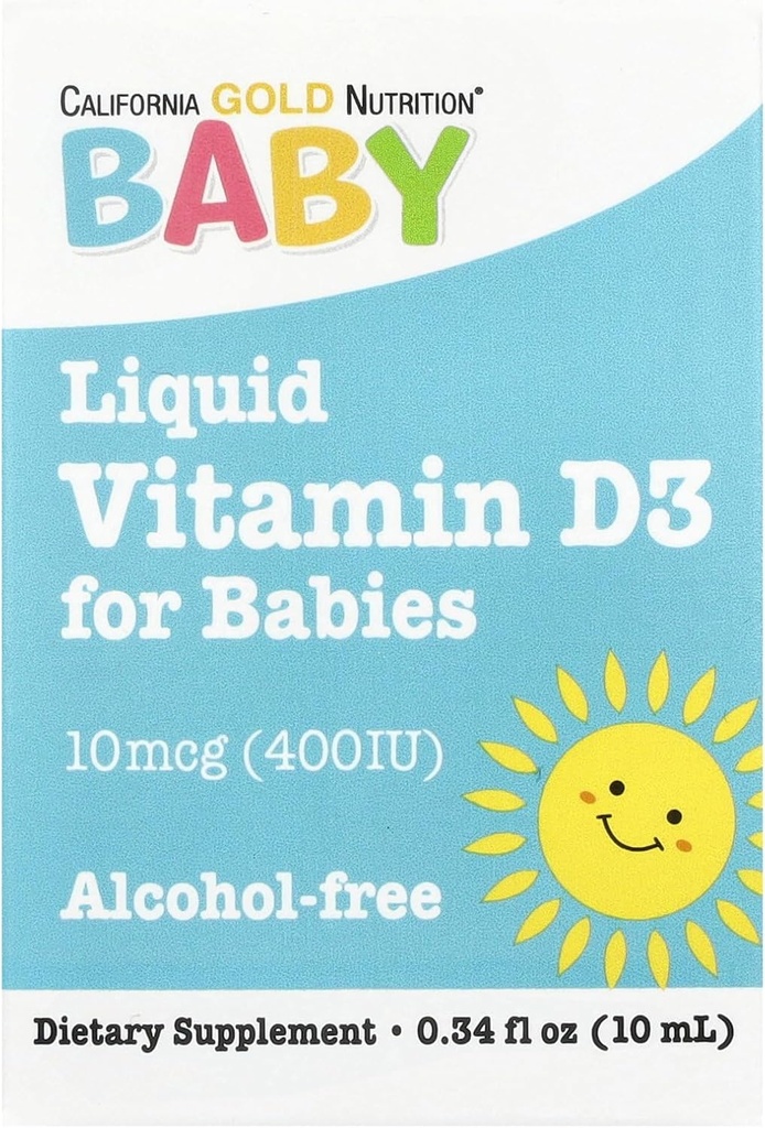 California Gold Nutrition Baby Witamina D3 Liquid D3 Suplement dla niemowląt, Wegetariański Przyjazny - Wsparcie rozwojowe - Alkohol & Gluten Free, Non-GMO - 10 µg (400 j.m.) - 0,34 fl oz (10 ml)
