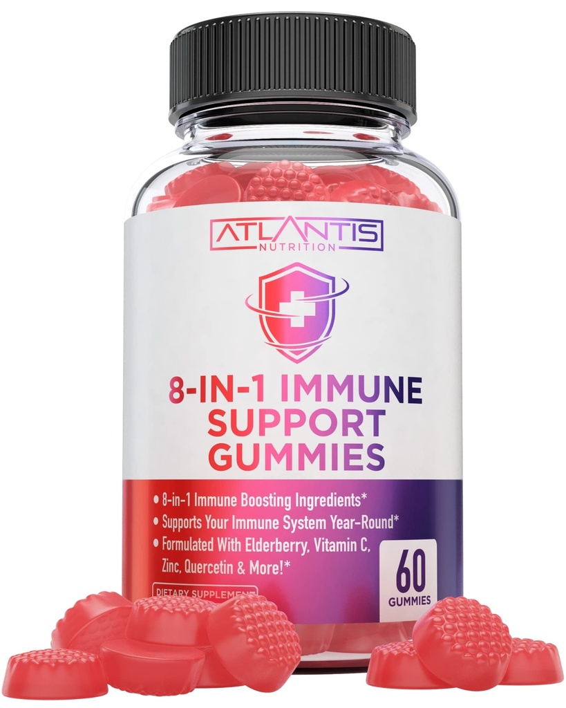 Atlantis Nutrition 8- in-1 Gummie wsparcia immunologicznego z Elderberry Breath 124; Suplement immunologiczny z Elderberry, Quercetin, Cynk, Witamina C - Wzmacniacze odporności dla dorosłych i dzieci - Pyszny Flavor - 60 Hrabia