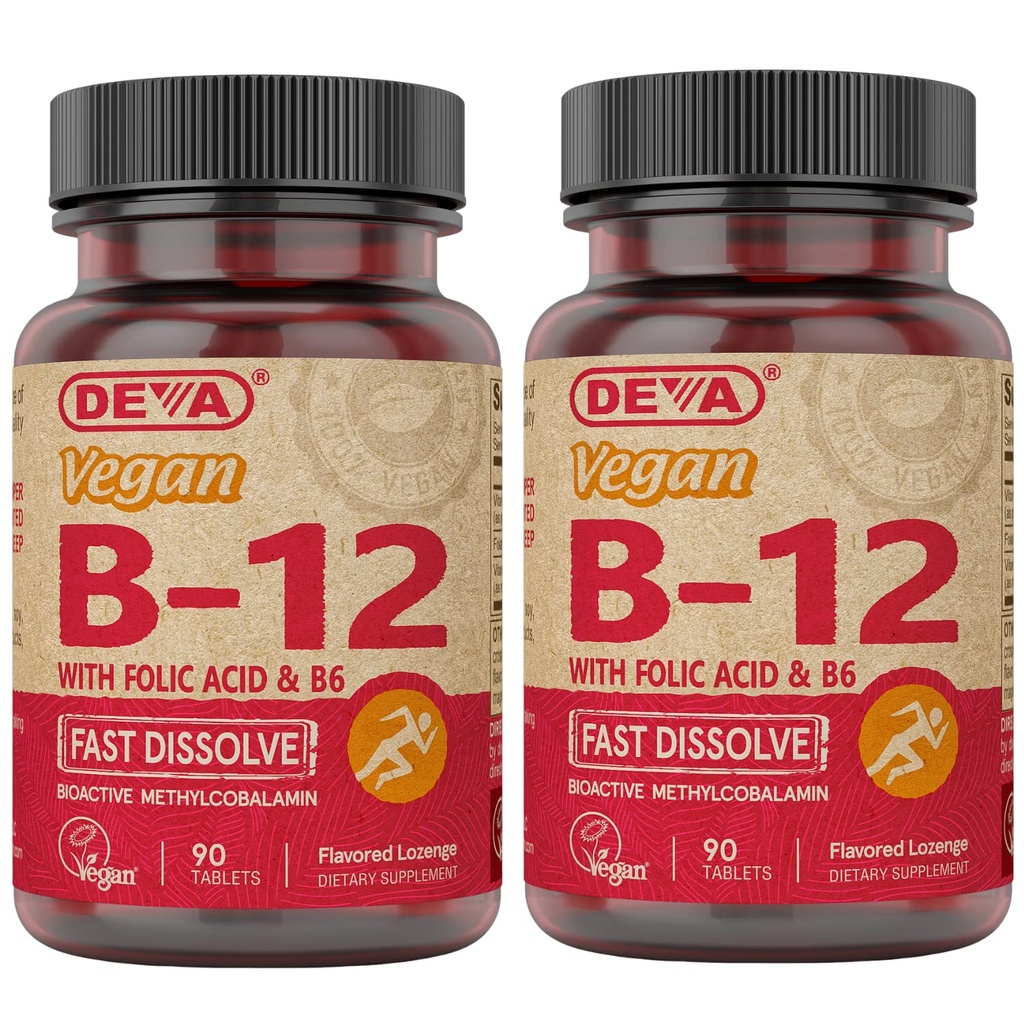 DEVA Wegan Witamina B12 Szybko rozpuszczalny Suplement - Once- Per- Day Complex z 1000 Mcg Methylcobalamina B12, Kwas foliowy, B6 - Lemon Flavor - 90 Rozpuszczalne tabletki, 2- Pack