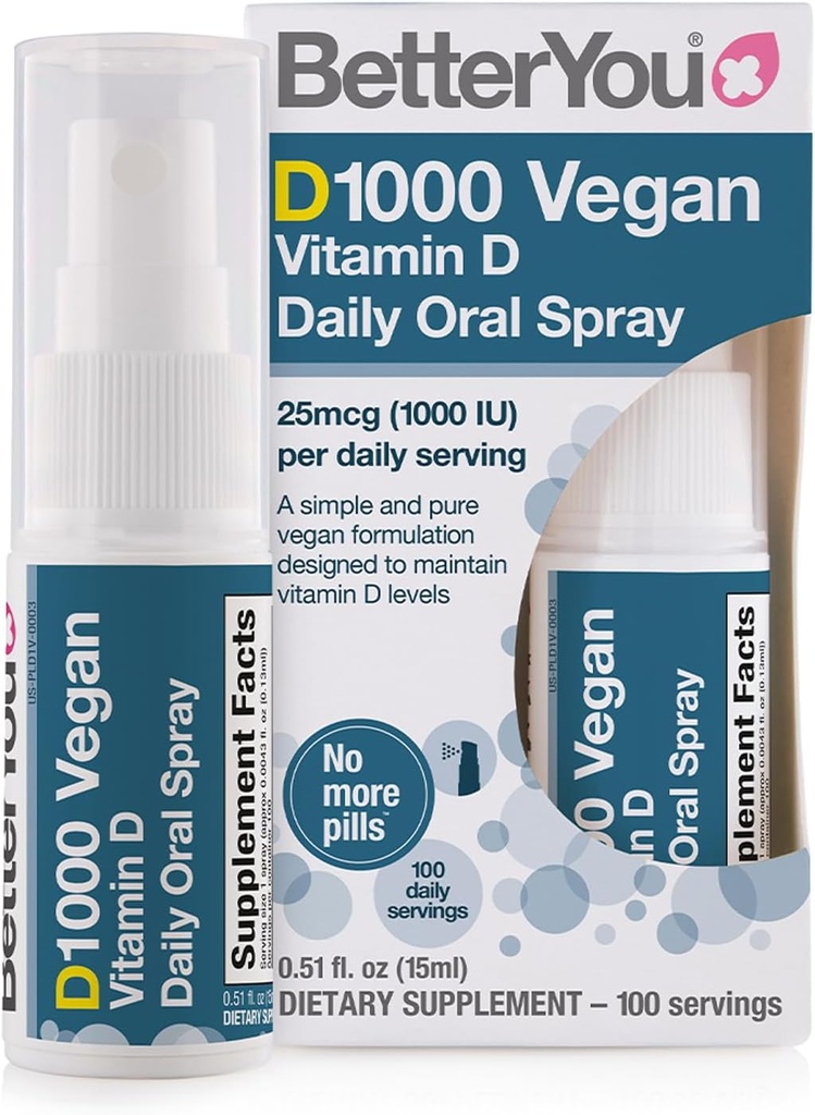 BetterYou D1000 Wegan Witamina D Spray doustny - Wygodne alternatywy dla tabletek - Pochodzenie plantacji - Promuje silne kości, zęby i system immunologiczny - Pomoc w wchłanianiu wapnia - 100 Daily Doses - 0.5 oz