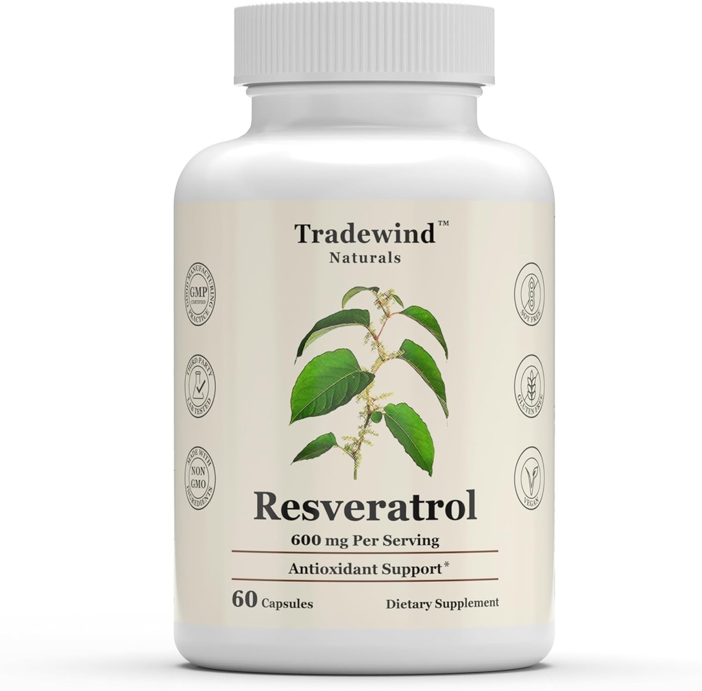 Resveratrol 600mg - Wegan - Nie-GMO - Wsparcie Zdrowego starzenia i zdrowia układu krążenia - Bogaty w przeciwutleniacze - 60 Kapsułki roślinne