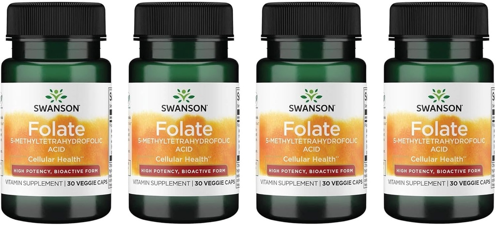 Swanson Folate 5- Methyltetrahydrofolic Acid - High Potency, Bioactive Form 800 mcg Dfe 30 Veg Caps (4 opakowania)