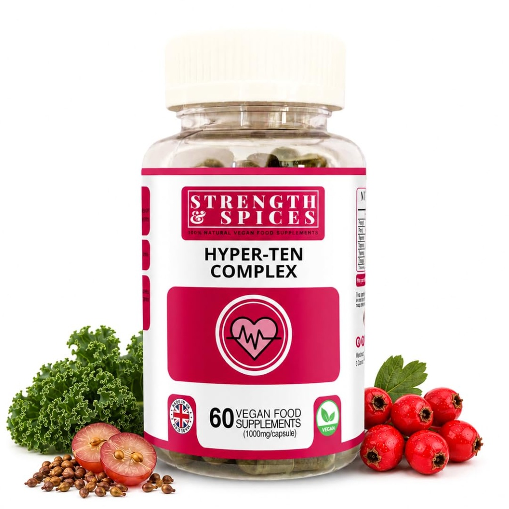 Siła & Przyprawy Hypertensupport 100% Natural Supplement for Immune System & Heart Health - 15 Składników w Hawthorn Berry, Nasiona winorośli & Jagody - 60 Vegan UK Made 1000mg kapsułki