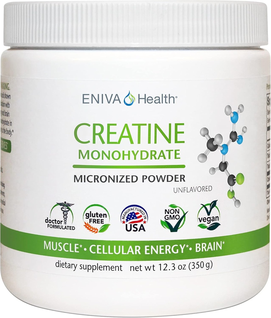 Eniva Health Creatine Monohydrate Powder, Amino Acid, Micronized Powder, 70 Servings 5 G 12.3 oz, Muscle Support, Muscle Growth, Cellular Energy, Cognitive Focus, Ultra-Pure, Pharmaceutical Grade