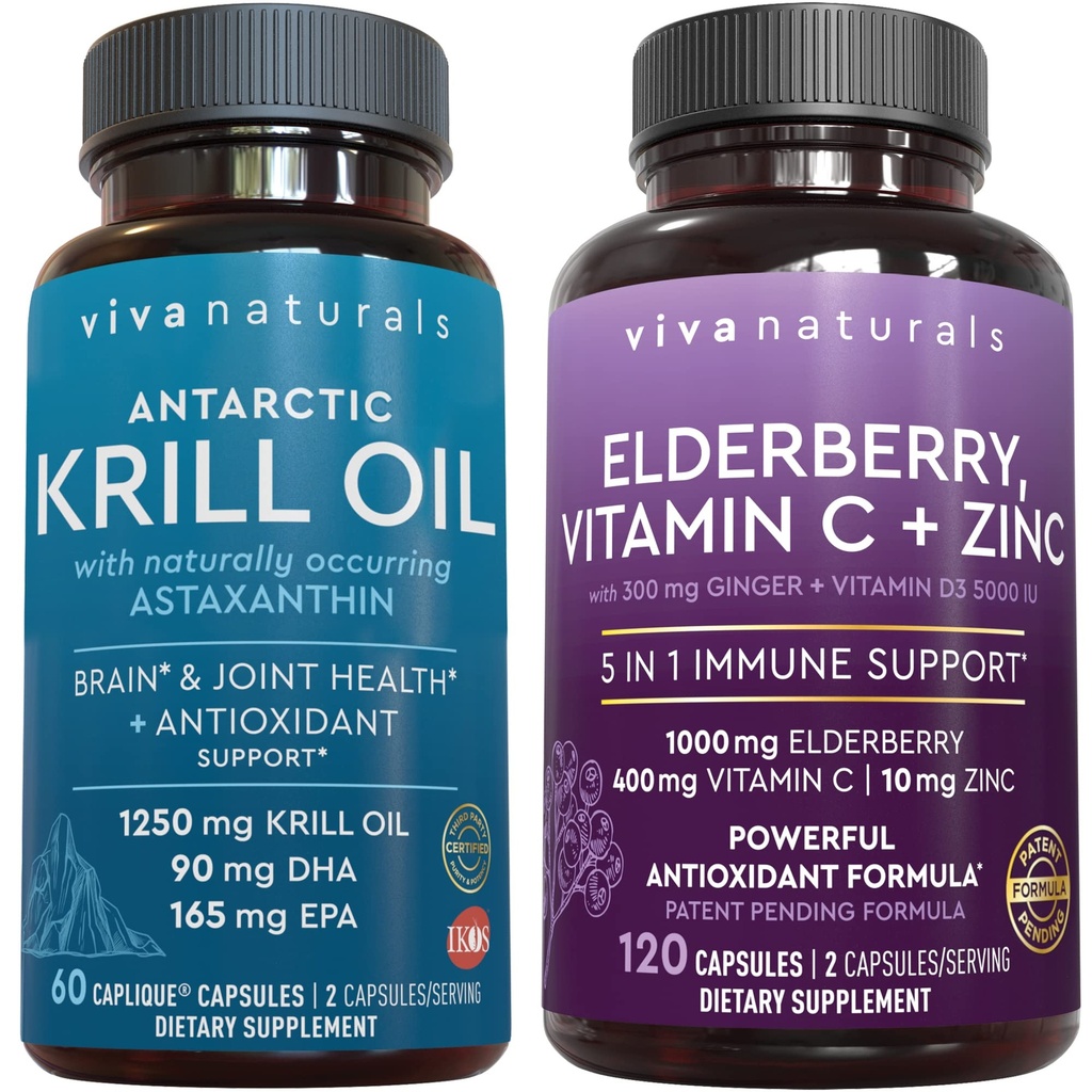 Viva Naturals Antarktyka oleju kryla i Elderberry, Witamina C, Cynk i Witamina D3 5000 IU Bundle, 1250 mg oleju kryla dostarczającego Omega 3 EPA i DHA do wspólnego zdrowia, Elderberry do wsparcia immunologicznego