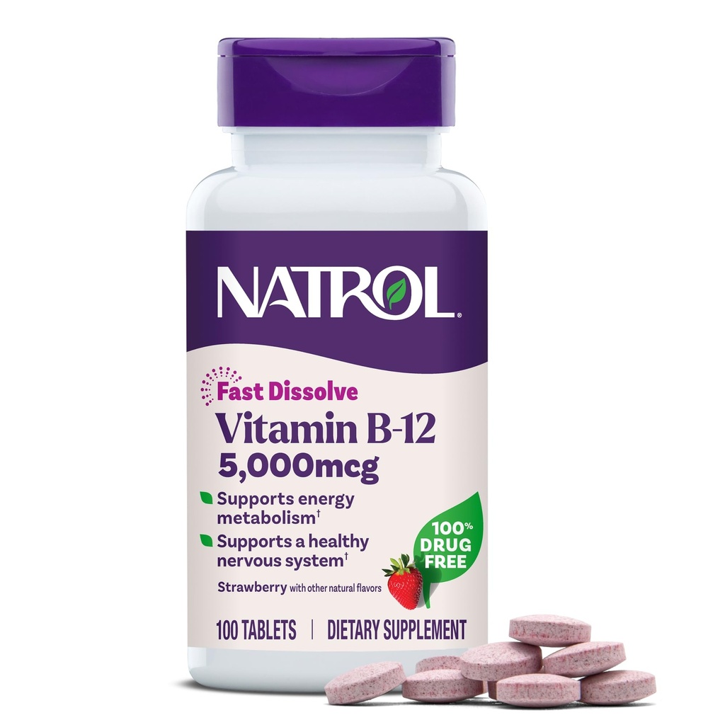 Witamina Natrol B12 5,000 µg, szybko rozpuszcza witaminę B12 Suplement wspomaga zdrowy system nerwowy i metabolizm energii, 100 tabletek, Aż do 100 Day Supply