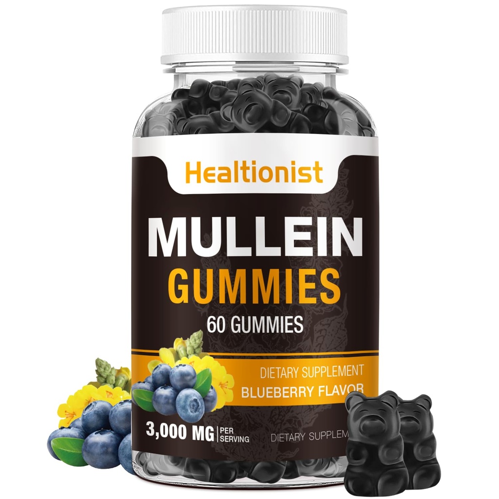 1 Pack Sugar Free Mullein Gummies - Lung Cleanse, 3000MG Mullein Suplement dla układu oddechowego, Organic Mullein Drops Gummy z Quercetin & Bromelain dla Lung, Digestive Health & Immune 90Ct