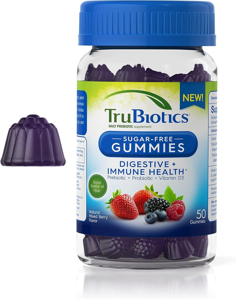 Probiotyczne gumki TruBiotics z prebiotykami i witaminą D3, Gummy bez cukru dla mężczyzn i kobiet Digestive & Immune Health, Pomaga Regularność & Pomaga Relieve Mniejsze zaburzenia brzucha, 50 Gummies