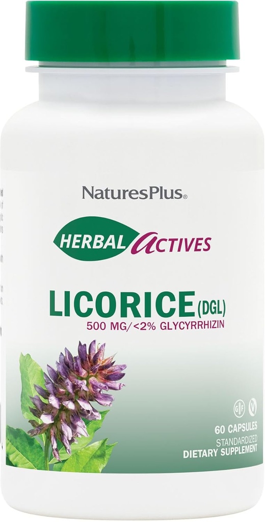 NaturesPlus Herbal Actives Licorice (DGL) 500 mg - 60 Kapsułek, Pack of 4 - Wspiera zdrową trawienie i ogólnie Well- Being - wegetarianin, Gluten Free - 240 Wszystkich Sług