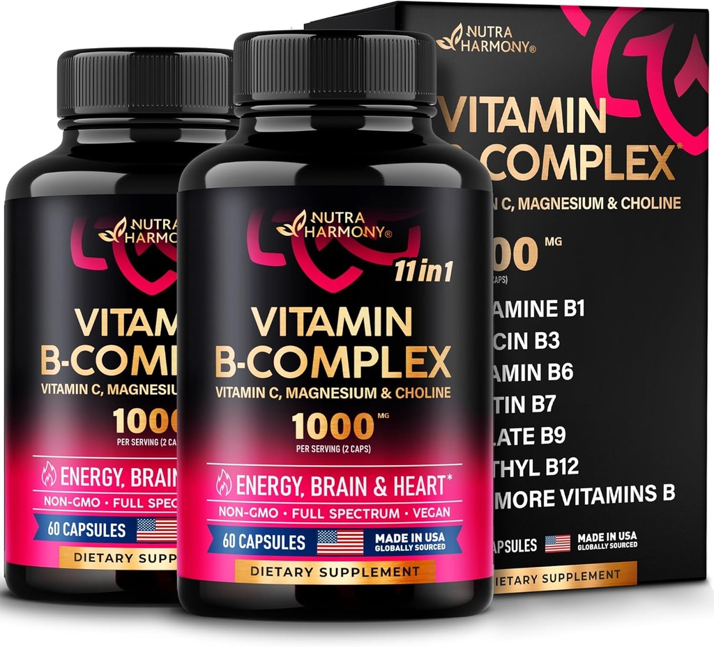 Vitamin B Complex for Men & Women - Made in USA - 11-in-1 B-Complex: B1, B2, B3, B5, B6, B7, B8, B9, B12 with Vitamin C, Choline, Inositol - Energy, Brain & Heart Support Supplement - Pack of 2