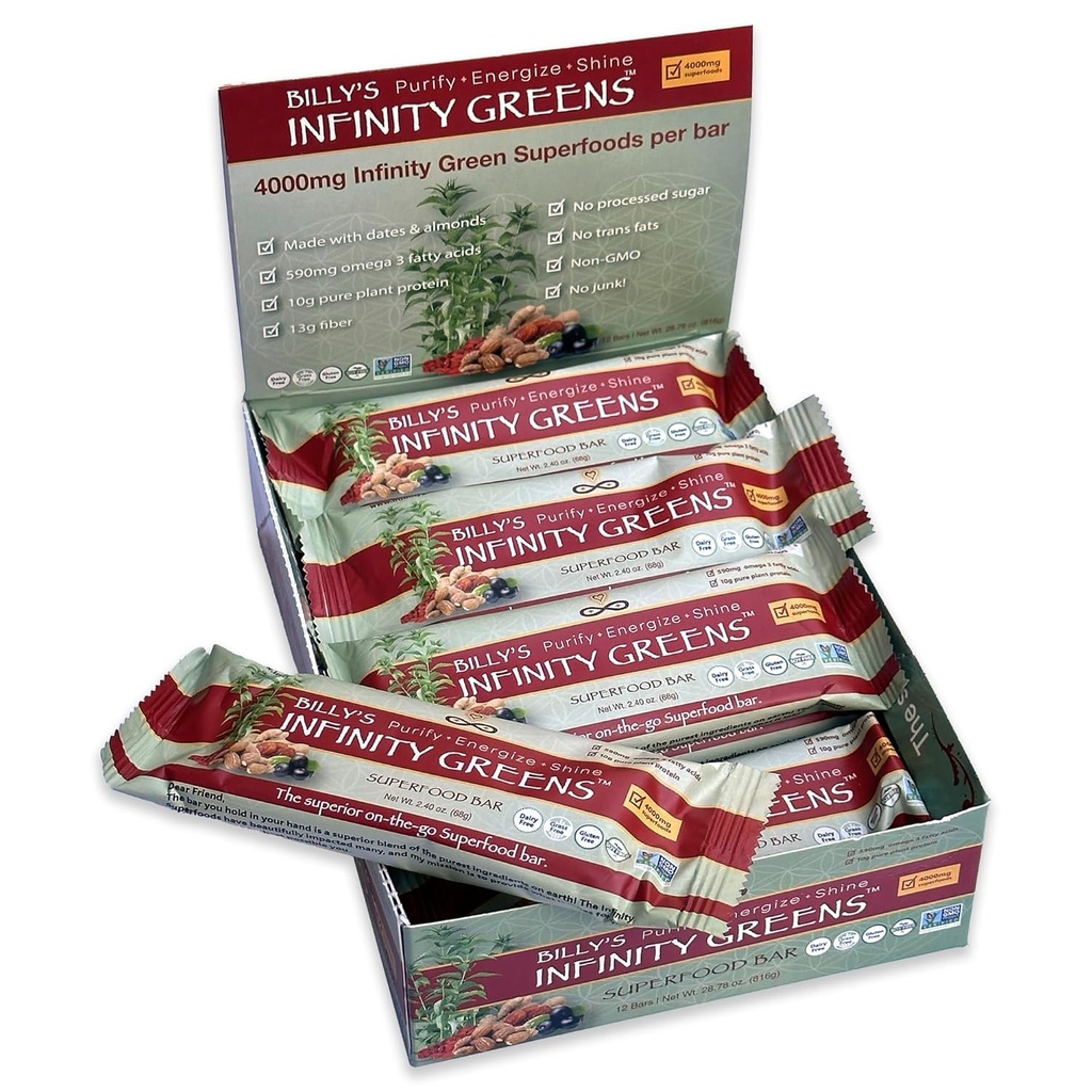 Nieskończoność Zielone Superfood Bary, roślinny Meal Replacement Bar z 4000mg Nieskończoności Zielone Superfood Proszek, Organiczny, Surowy, Bez glutenu, Nie GMO (12 Barów)