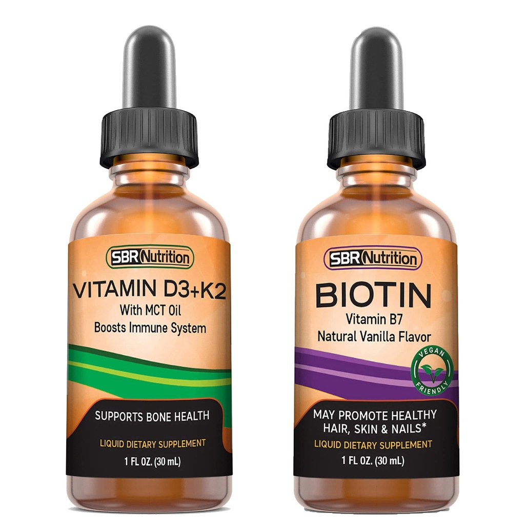 SBR Nutrition D3 + K2 i Biotin Bundle Witamina D3K2 (MK7) Krople płynne, Peppermint, 1oz Between 124; Biotin 5000mcg Płynne Krople, Vanilla 2oz Between 124; dla dorosłych i dzieci 124; Non-GMO, Gluten Free