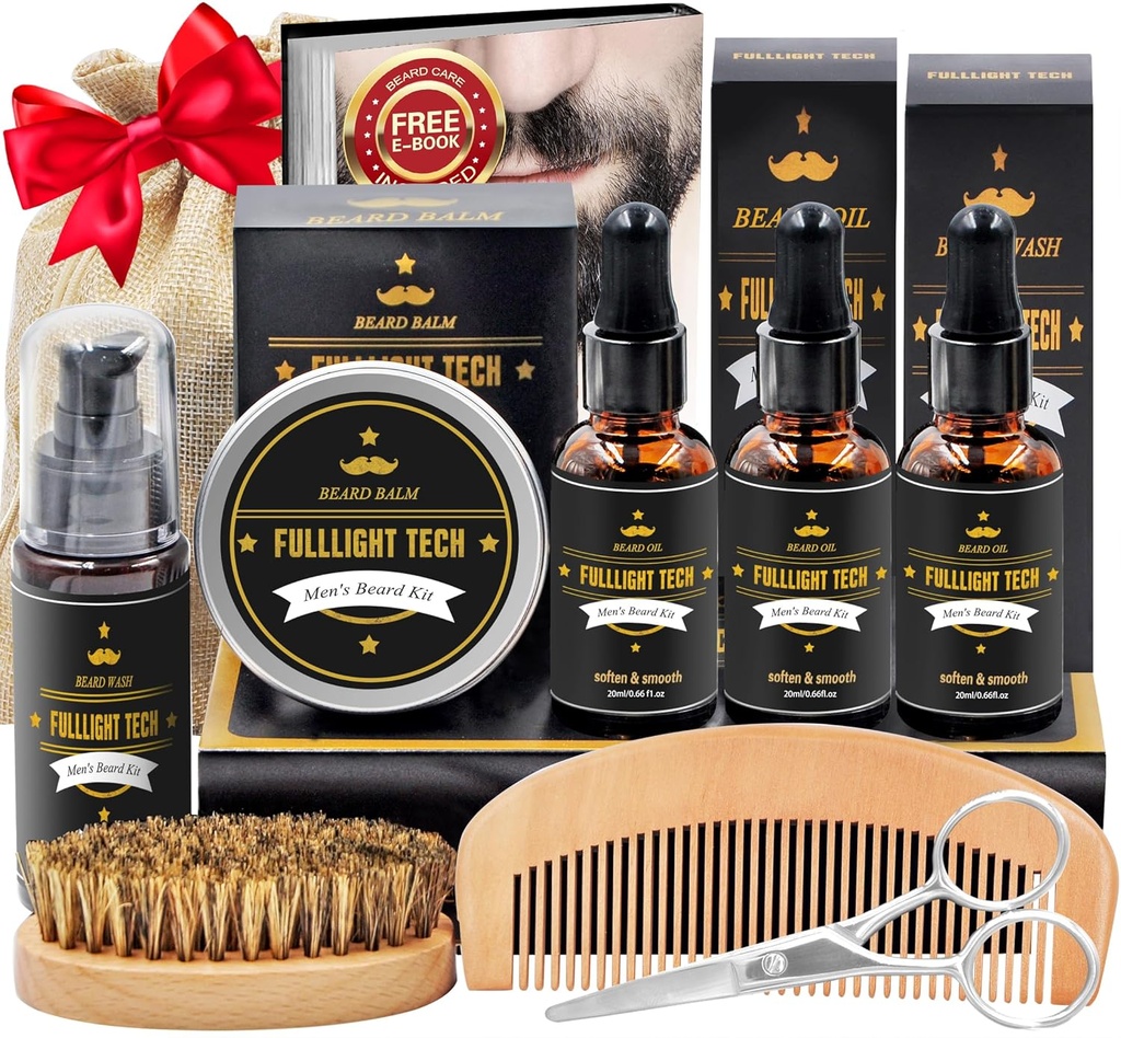Beard Kit for Men Grooming & Care W / 3 Pack Beard Oil, Myj, Balsam, Comb, Szczotka, Nożyczki, Rocznica Walentynki Ojcowie urodziny Prezenty Pomysły dla męża Jego chłopak Tata Mężczyźni Boże Narodzenie Stocking Stufers