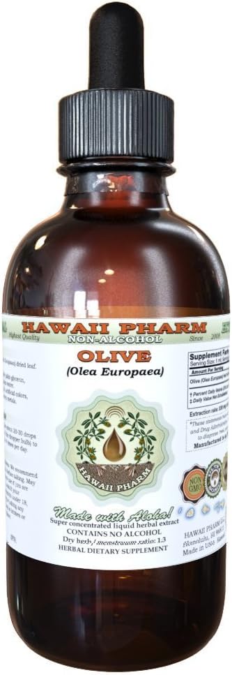 Olive Alcohol-Free Liquid Extract, Organic Olive (Olea europaea) Dried Leaf Glycerite Natural Herbal Supplement, Hawaii Pharm, USA 2 fl.oz