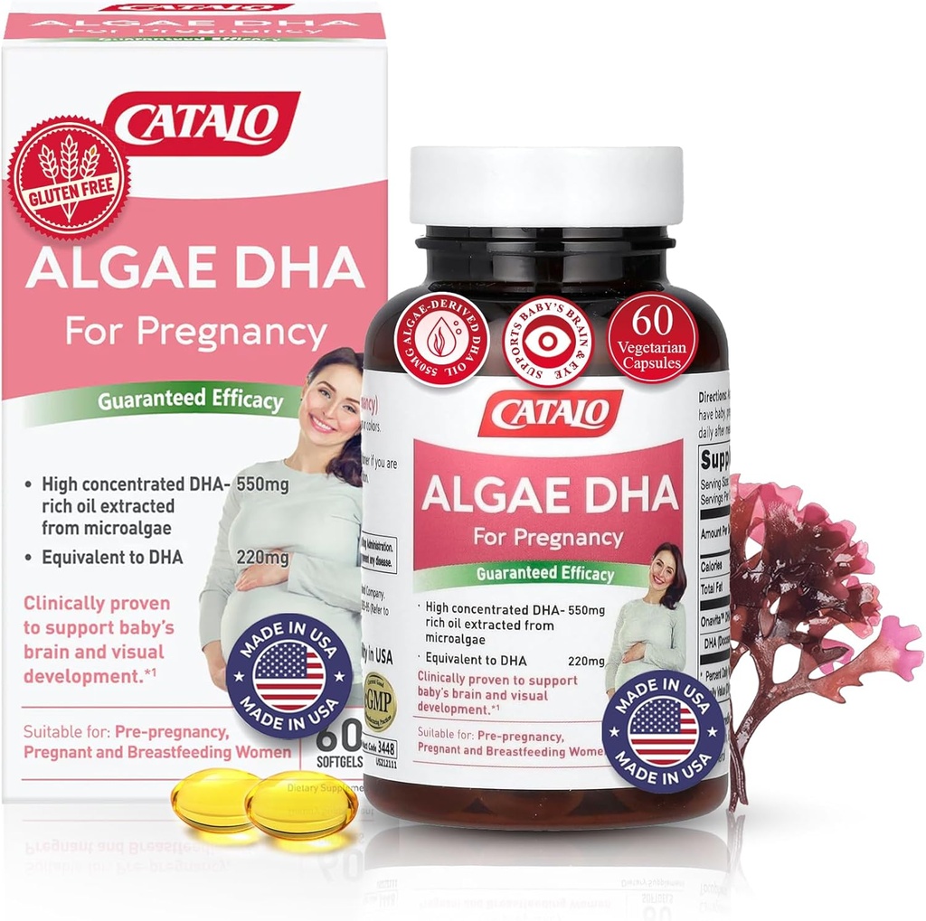 CATALO Omega 3 Algae DHA dla kobiet - 550mg DHA- bogaty olej z mikroalg, Idealny do Prenatal, Ciąża i karmienie piersią, Softgels wegetariańskie, Gluten- Free - 60 Softgels