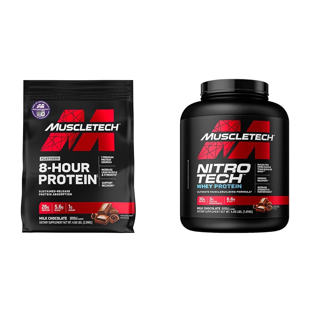Muscletech Proszek z białka serwatkowego Phase8 Proszek z protein 124; Mieszanka z białka serwatkowego i kazeinowego Proszek z białka serwatkowego Nitro- Tech Izolat białka serwatkowego i Peptydy 124; Czekolada mleczna, 4 funty