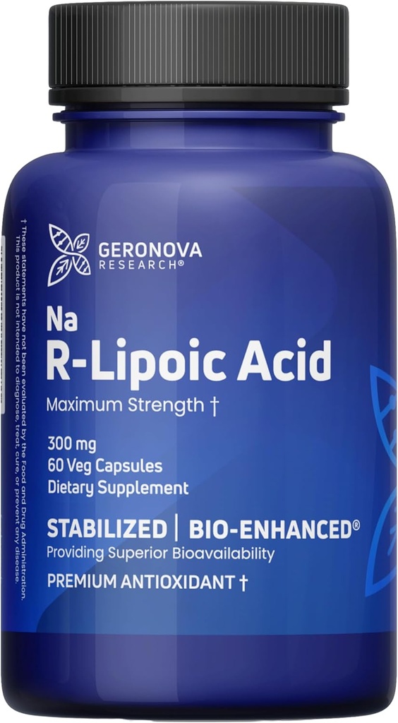 Geronova Research Bio- Enhanced R- Lipoic Acid, 300 mg Kapsułki - 2 Miesiąc Dostawy - Stabilizowany R Alpha Lipoic Acid z Enhanced Absorption - R Acid Acid Supplement - 60 Count