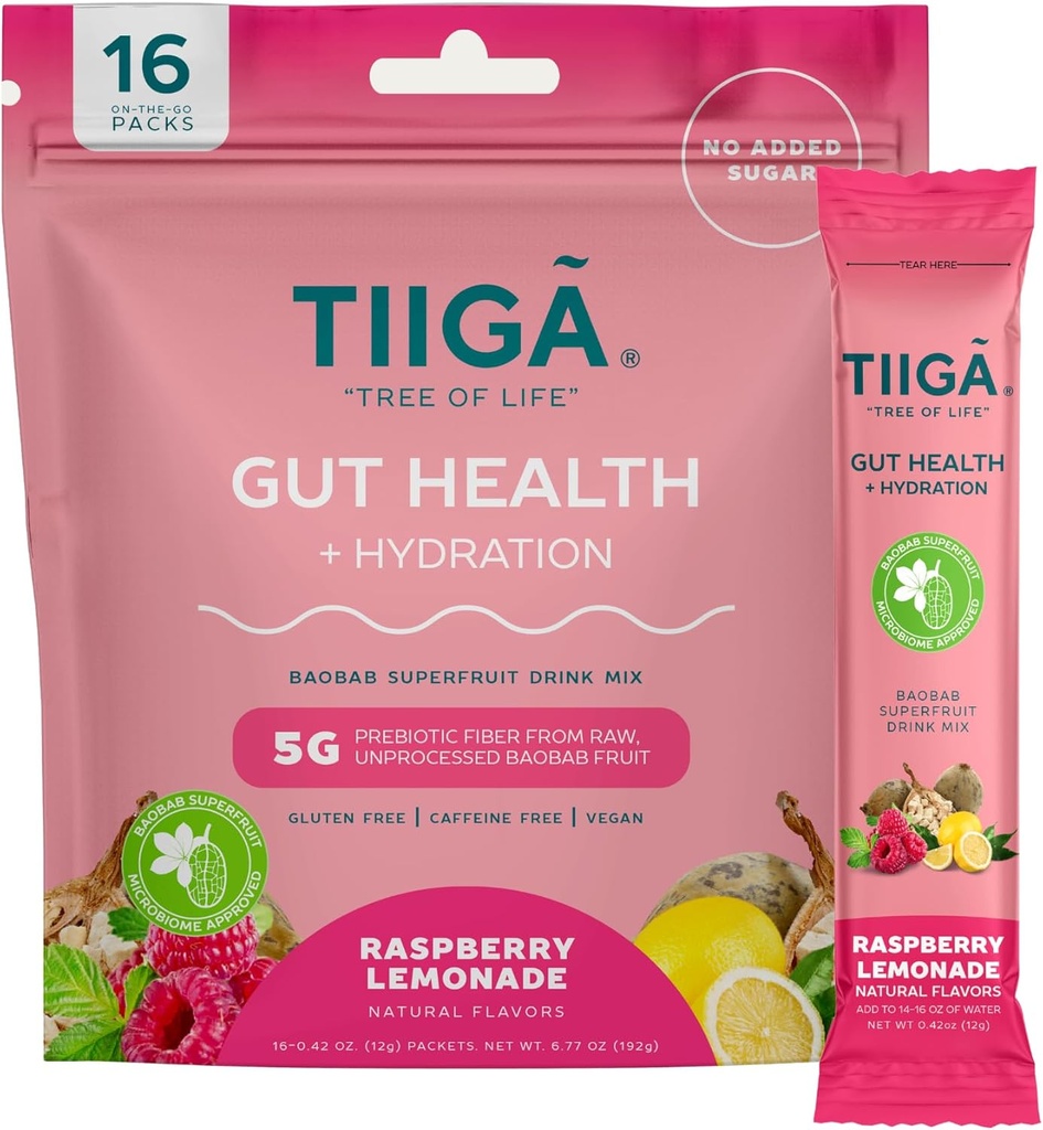 Tiiga Gut Zdrowie + Napoje nawadniające Mix - 7g Baobab, 5g Włókno prebiotyczne, Elektrolity, No Dairy, Wegan, No Added Sugar, Trawienie, Regularność, & Zaparcia - 16 Słupki