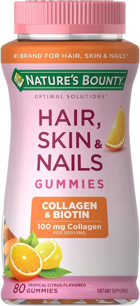 Nature 's Bounty Hair, Skin & Nails with Biotin and Collagen, Wspiera zdrowie skóry i paznokci włosów, 2500 mcg, Gummies Citrus Flavored, 140 Ct