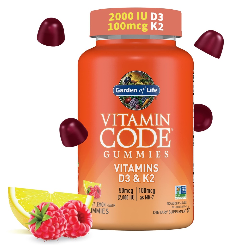 Ogród Witaminy Życia Kod D3 & K2 Gummie z Prebiotykami i Probiotykami - Bone Health, Immune Health, and Digestive Support, Non-GMO, Gluten- Free, Malina Lemon Flavor, 45 Gummies