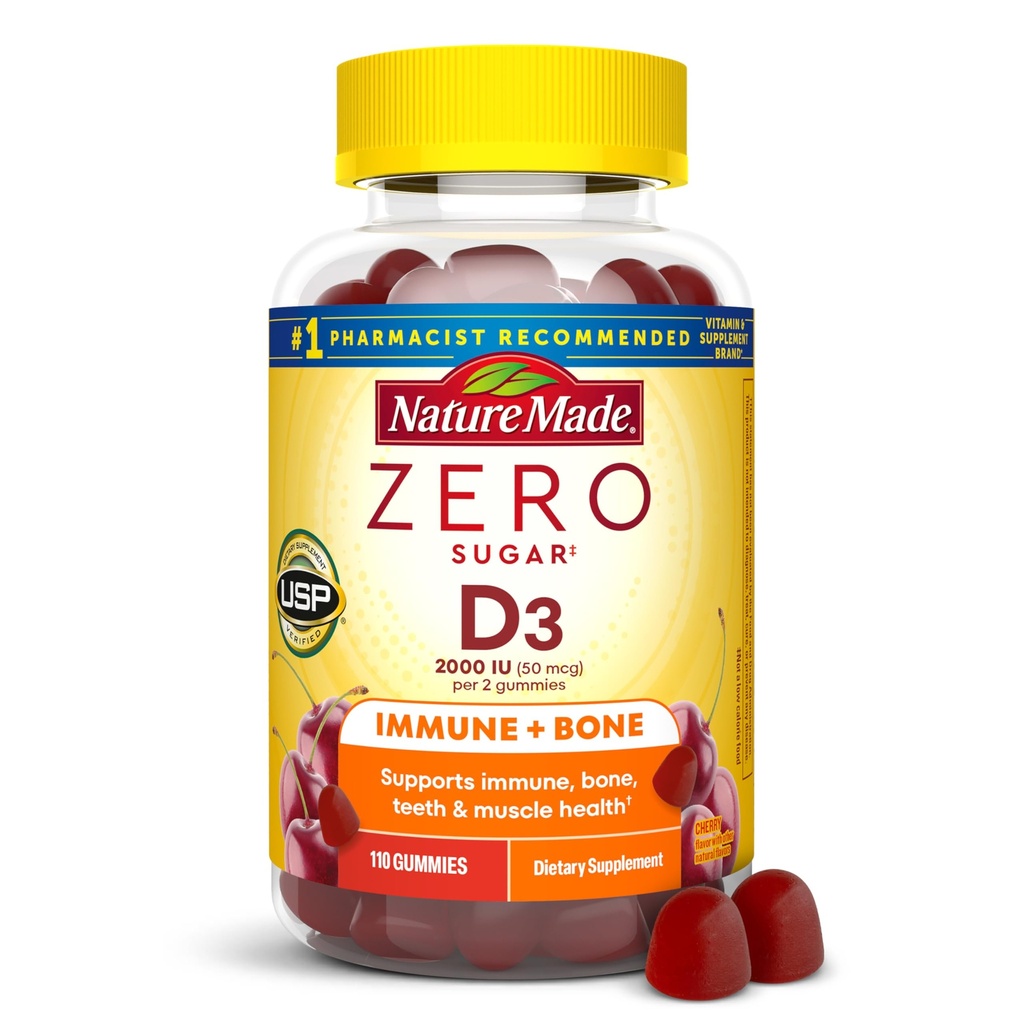 Nature Made Zero Sugar Witamina D3 Gummies 2000 j.m. (50 μg) Na podawanie, kości i wsparcia immunologicznego, Aspartam wolny, 110 Witamina D Gummies, 55 Day Supply