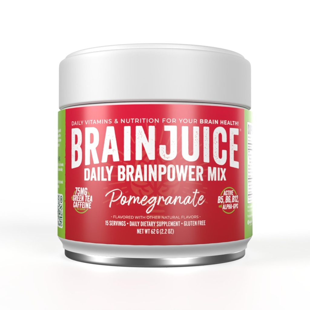 Sok BrainJuice Nootropics Suplement Wspomaganie mózgu, Gluten wolny proszek dla energii i koncentracji, Napoje z L Theanine, Alpha GPC, Witamina B, Organic Green Tea Extract Kofeina, Pomegranat, 15 Służenie