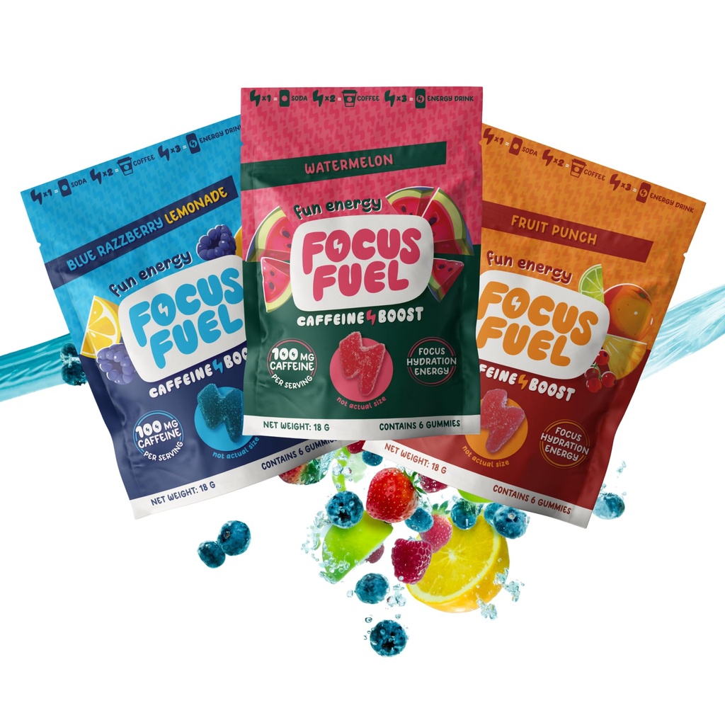 FocusFuel Energy Chews - Rozmiar próbny Próbka Pack (9 Servings) - 100mg Kofeina + Alpha GPC + L- Theanine + B12, Magnez - Blue Razzberry Lemonade, Arbuz, Owoce Punch - No Crash lub Jitters