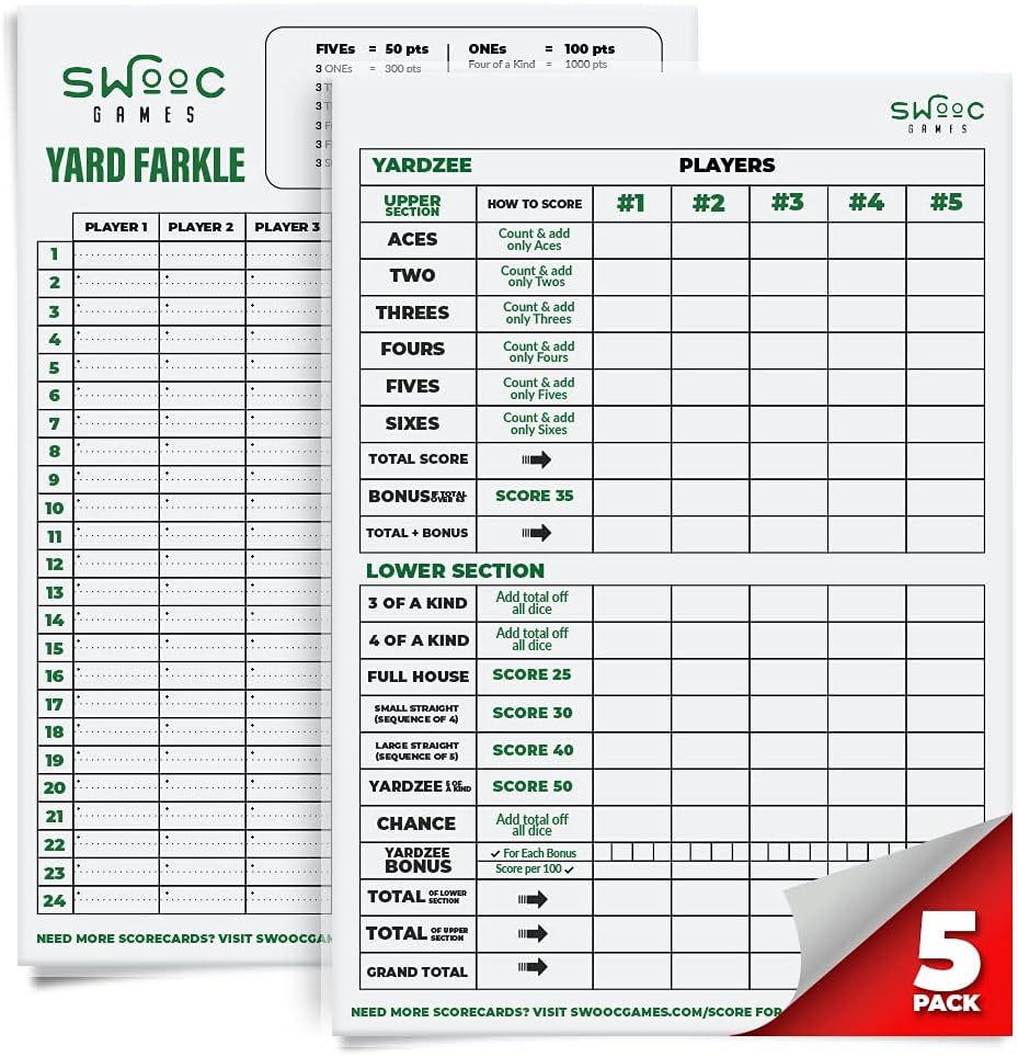 SWOOC Games ® - 5 Big Premium Laminated Yardzee & Farkle Score Cards (11.5in x 8in) z zasadami - Dużych wielokrotnego użytku suchych płytek dla Giant Outdoor Dice