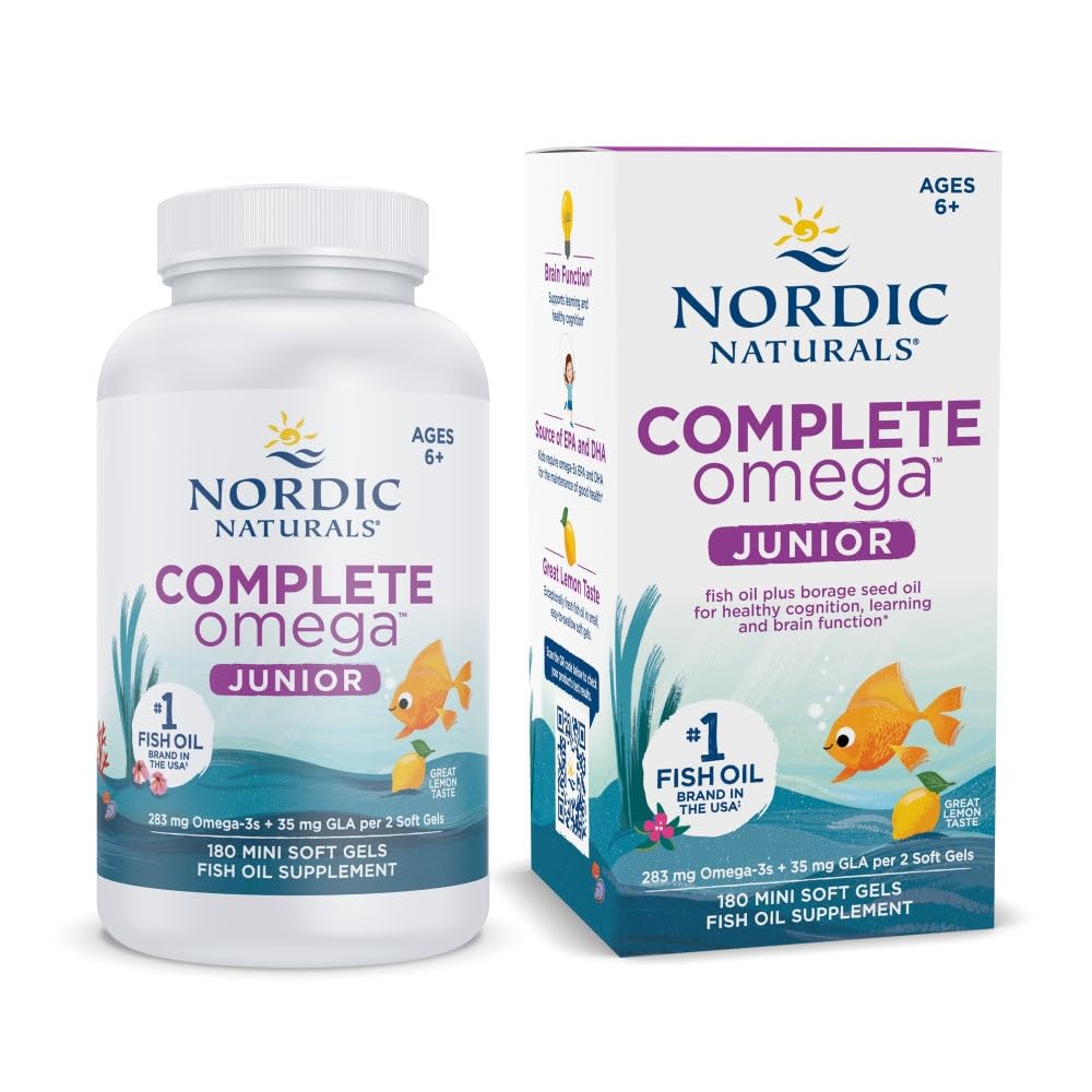 Nordic Naturals Complete Omega Jr., Lemon - 180 Mini Soft Gels - 283 mg Total Omega- 3s & 35 mg GLA - Zdrowe odkształcenie, Funkcja układu nerwowego - Non-GMO - 90 Służenie