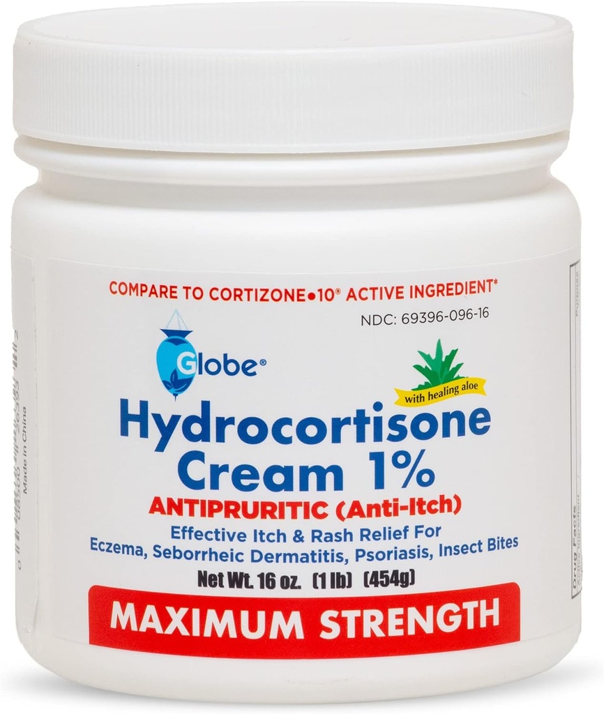 Globe Hydrokortyzon krem o maksymalnej mocy 1% w / Aloe, 16 oz, krem przeciwswędzeniowy na zaczerwienienie, opuchlizna, swędzenie, wysypka, Bug / Mosquito Bites, Eczema, hemoroidy i więcej, 16 oz Jar
