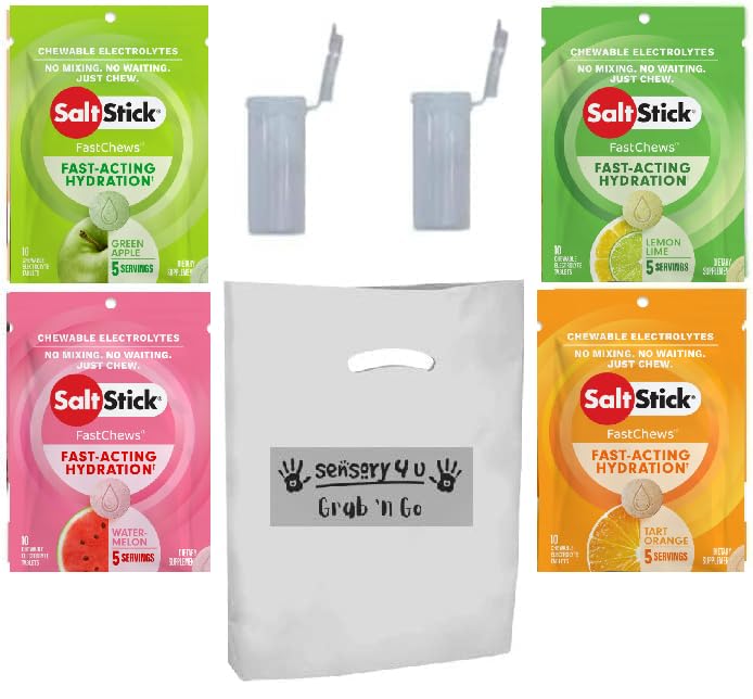 SENSORY4U Grab and Go Gift Set SaltStick z nowymi smakami powięziowymi i rasą gotowe tuby - Lemon Lime Pomarańczowe Zielone Jabłko i Arbuz Electrolyte Tablets
