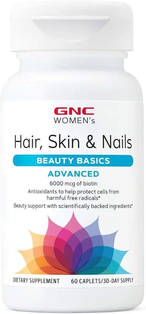 GNC Kobiety Advanced Hair, Skóra i paznokcie Codzienne mieszanka multiwitaminowa dla kobiet, Klinicznie studiowane wsparcie urody zawierające Biotin, Kwas hialuronowy, Kolagen, Luteina, 60 Kaplety