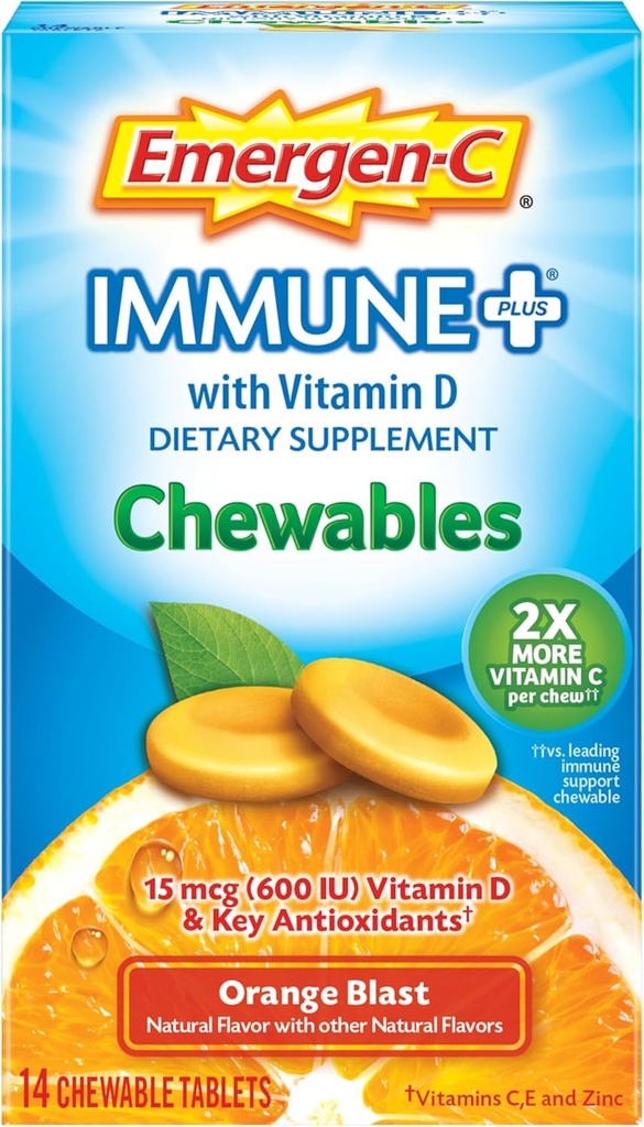 Emergen- C Immune + Chewables 1000mg Witamina C Tablet, z witaminą D, Immunent Support Suplement diety dla odporności, Pomarańczowy Blast Flavor - 14 Liczba