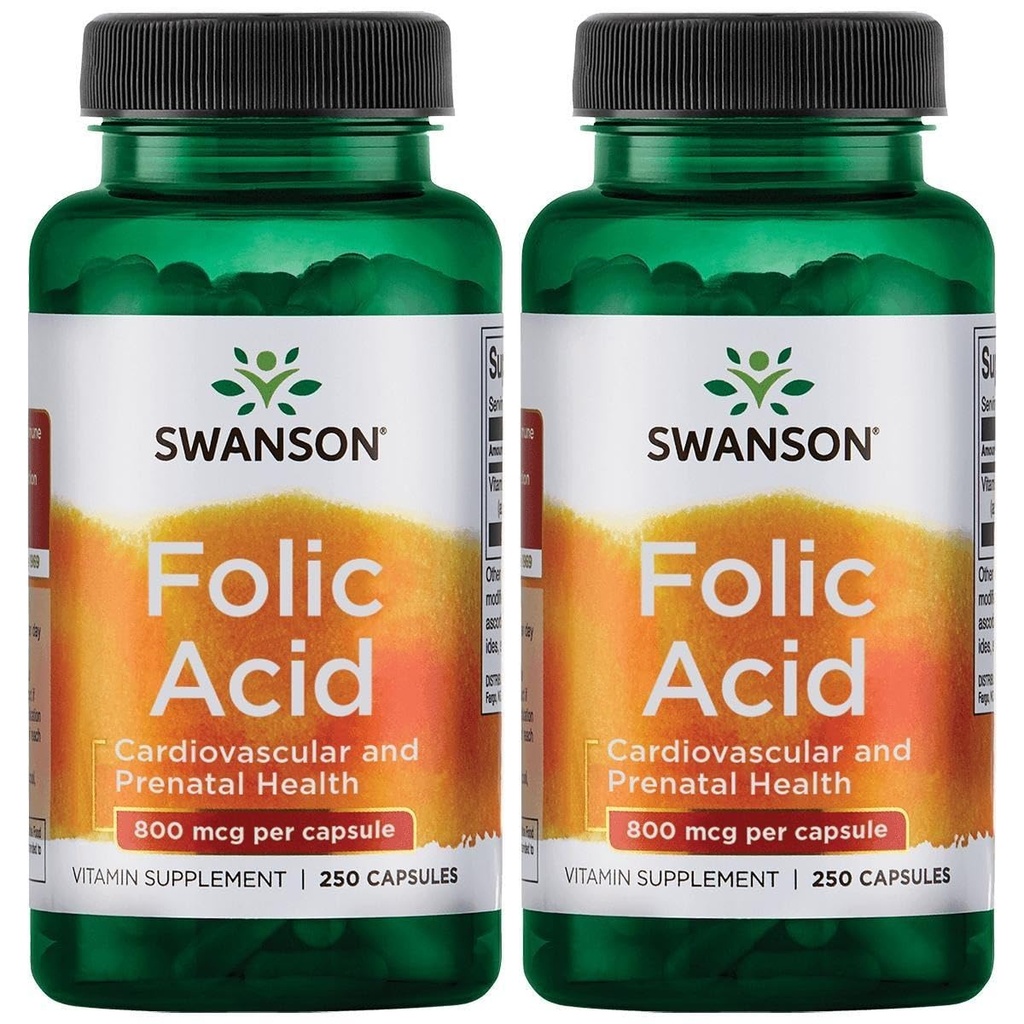 Swanson Folic Acid 800 mcg (1witamina 335 mcg Dfe Folate) 250 Kapsułek (2 opakowania)