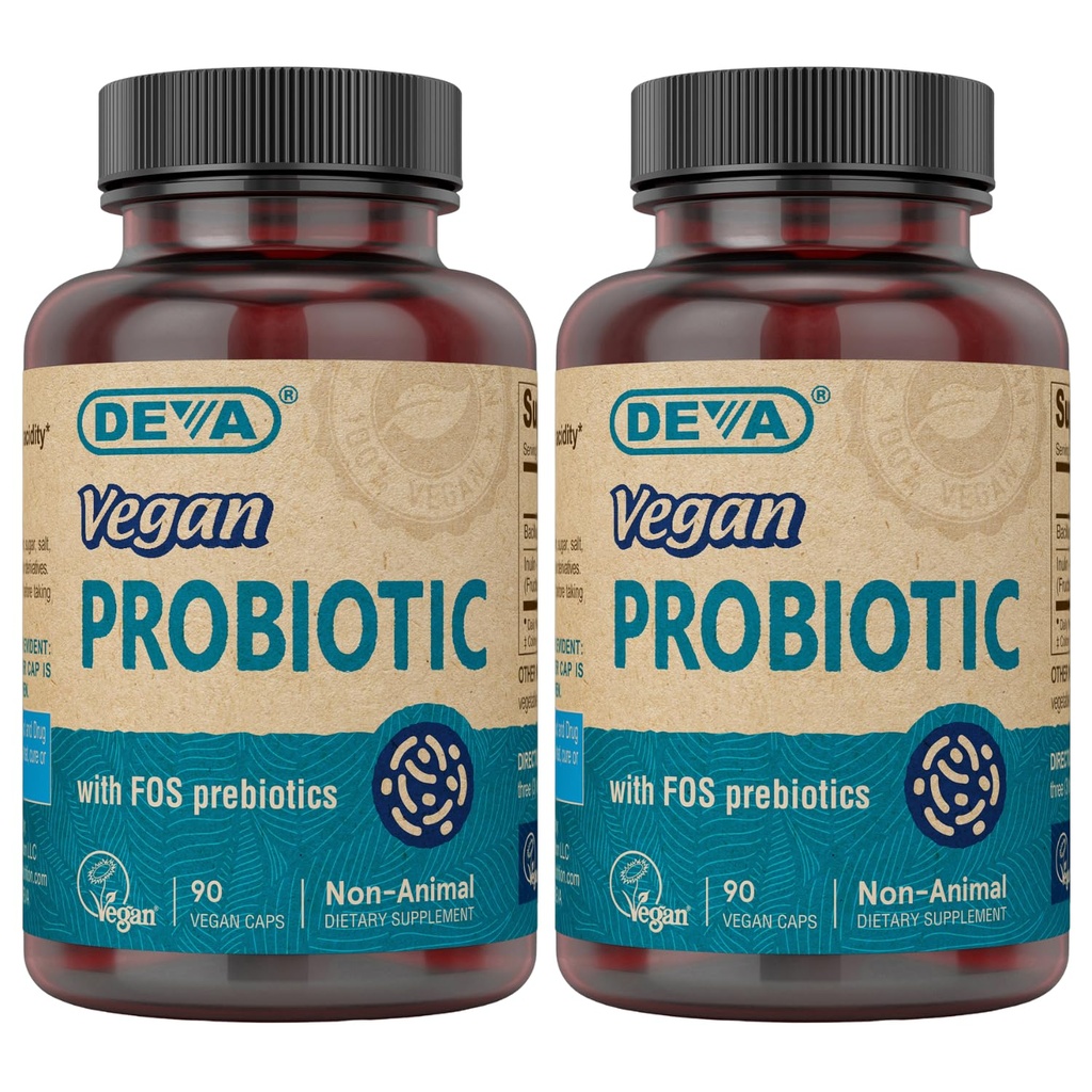 DEVA Vegan Probiotic z suplementem FOS Prebiotyki - 2 Billion CFU z 100 MG prebiotyków na obsługę dla mężczyzn i kobiet - Non-Dairy Gluten Free - Natural Shelf Stable - 90 kapsułki (Opakowanie 2)