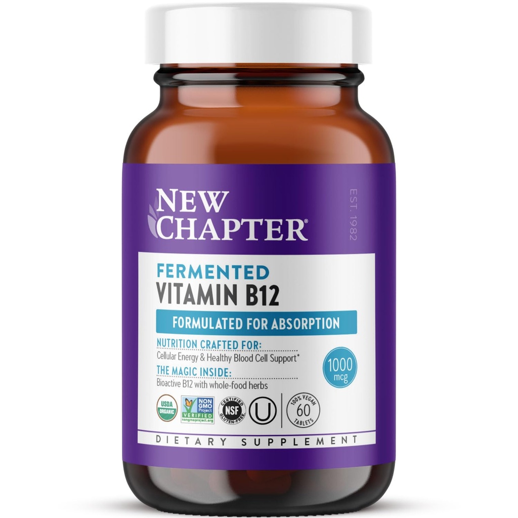 Nowy rozdział Fermentowana Witamina B12 1000 µg, USDA Organic, One Daily for Cellular Energy + Zdrowe komórki krwi, Certified Vegan, Gluten Free - 60 Count