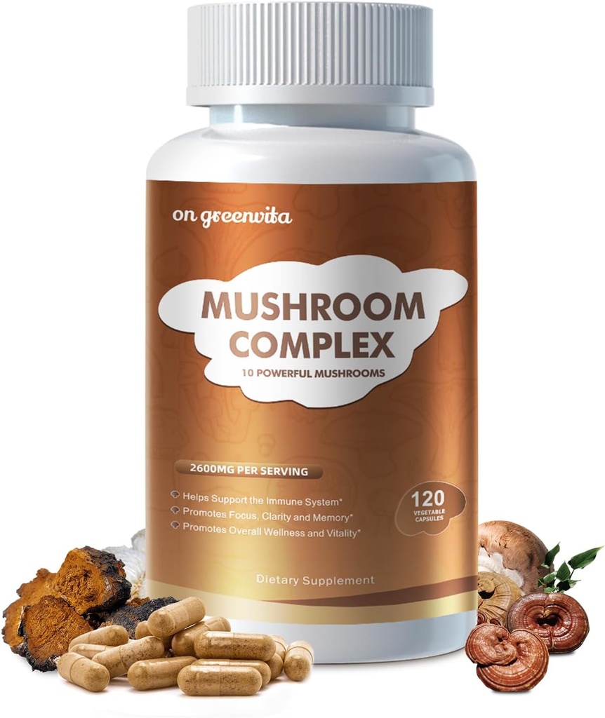 Mushroom Complex Supplement 2600mg, 120 kapsułki - 10 Mushrooms Blend - Reishi, Lions Mane, Cordyceps, Chaga, Turcja Tail, Maitake, Shiitake, Oyster Nootropic Complex - Mózg, Energia, Focus Pills