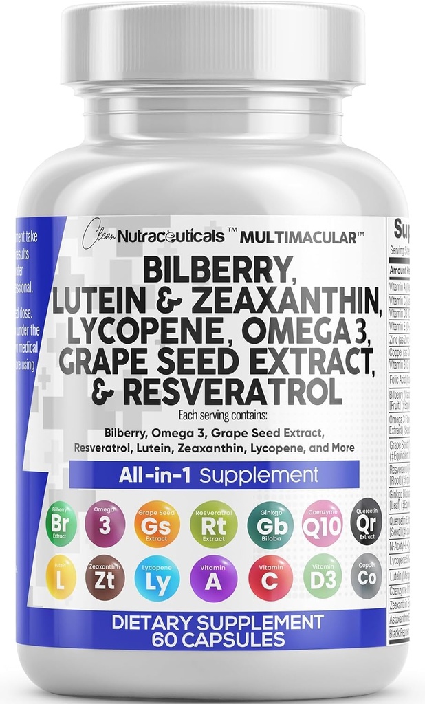 Czysty Nutra Witaminy oczu z Bilberry Lutein i Zeaksantyny Suplementy Lycopene 40mg Resveratrol Grape Seed Astaksantyna dla oczu - Eye Care Health Support Eye Witamina i suplement mineralny