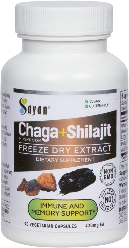 Sayan Syberian Chaga Mushroom Extract with Shilajit 90 Capsuls / 420mg ea.- Wsparcie dla systemu immunologicznego i trawienia - Suplement kwasu Fulvic - Energia & Klarity - Exclusive Blend - No Fillers