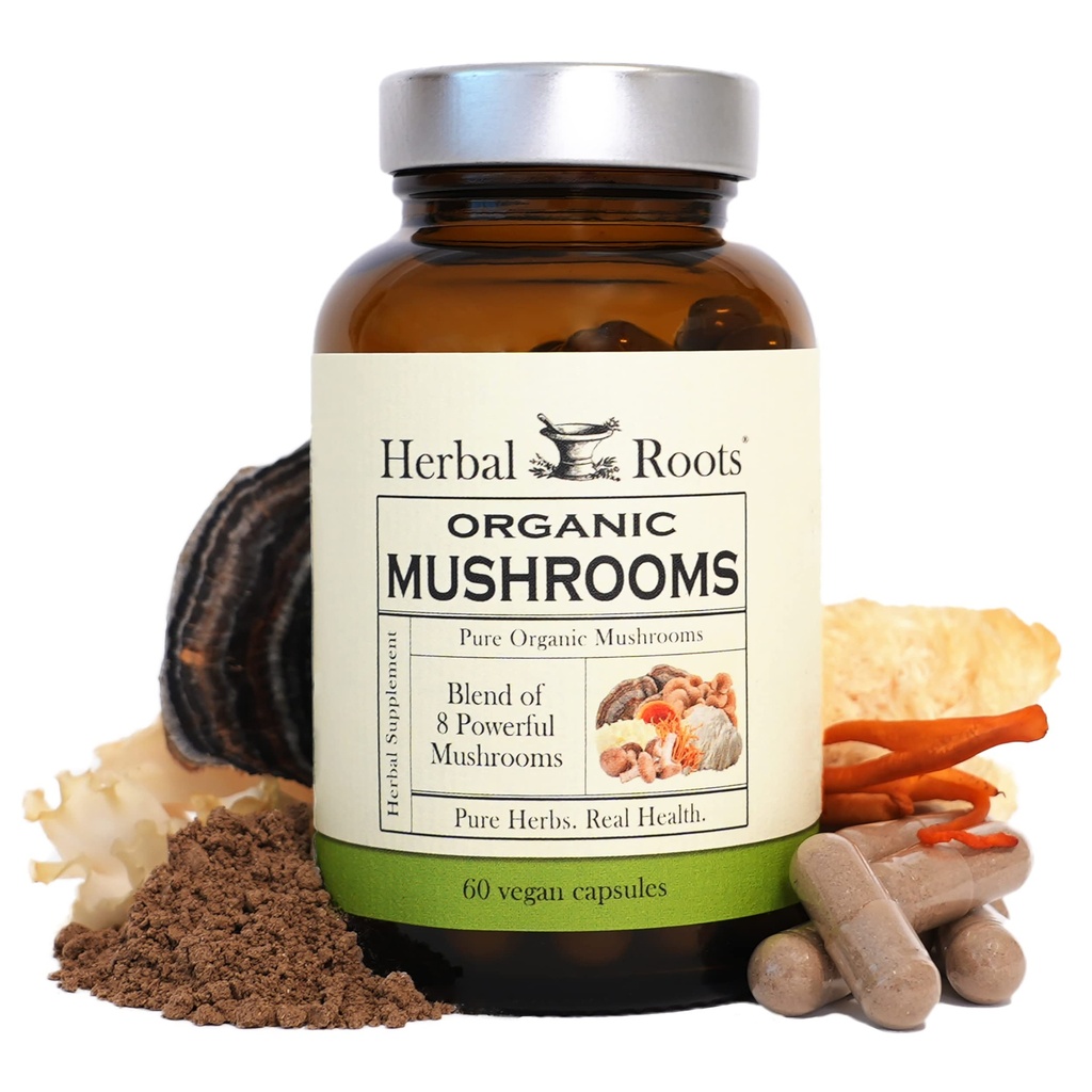 Ziołowe Korzenie Organiczne 8 Mushroom mieszanka Suplement Kapsułki - 100% Ekstrakty Fruiting Body - Wellness i odporność - 60 Kapsułki Wegańskie