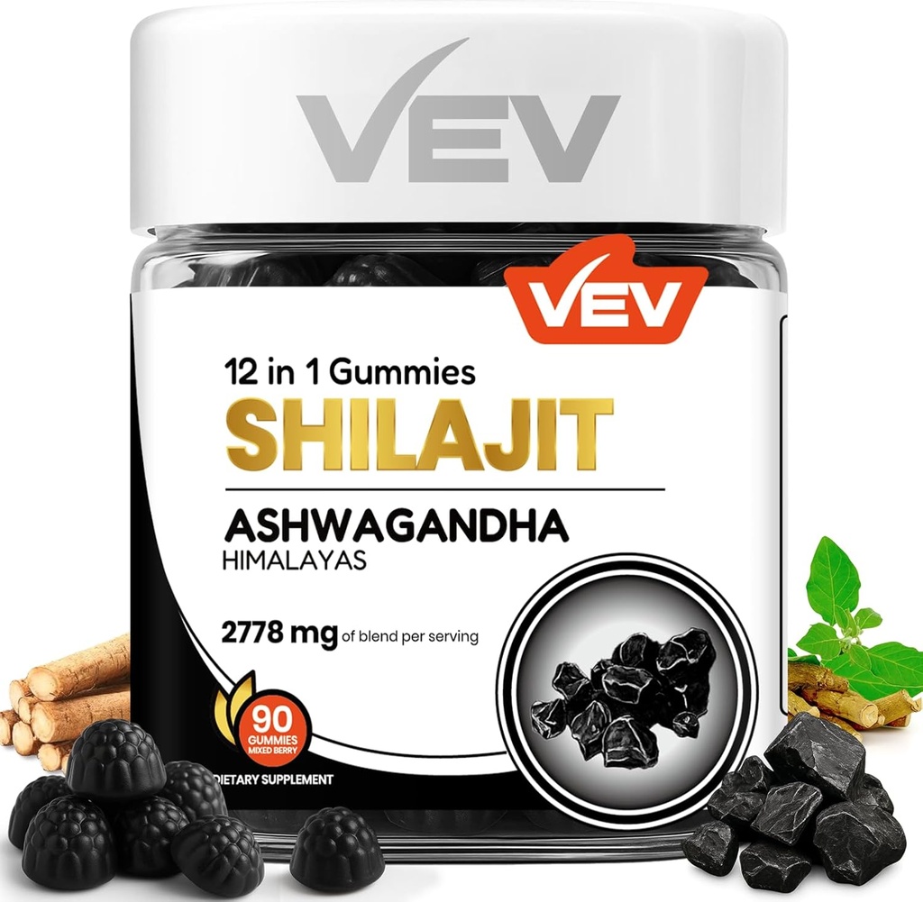 VEV Shilajit Gummies dla mężczyzn i kobiet 124; 1000mg Shilajit & Ashwagandha Gummies z Sea Moss & L- Theanine for Energy, Vitality & Stress Balance Bilans 124; Wegan, No Added Sugar 124; 90 Count for Daily Wellness