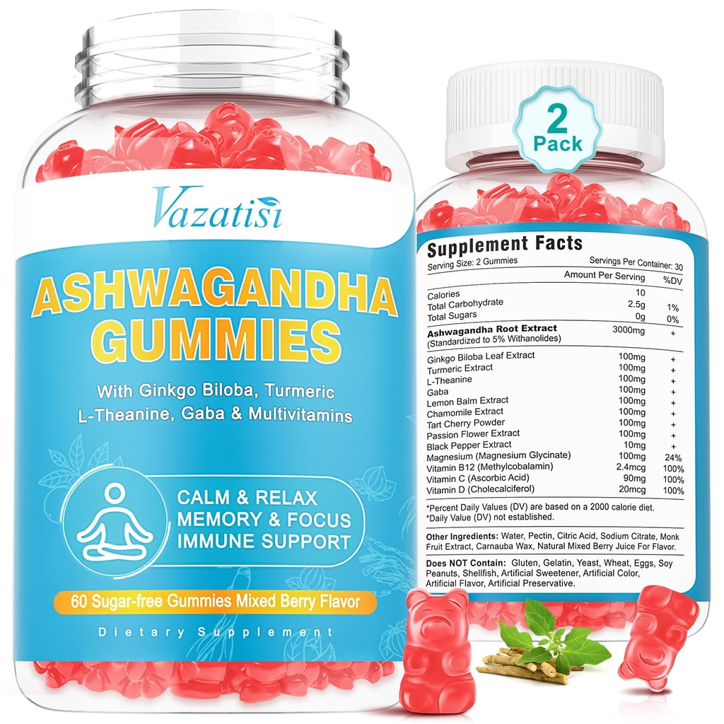 2 Pack Ashwagandha Gummies z Turmeric GABA Mood Energy and Immotive Support, Mieszane Berry Flavor 120 Cts