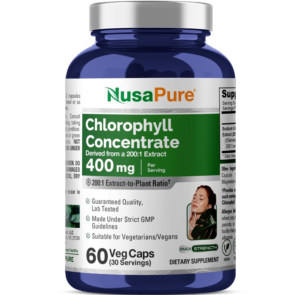 NusaPure Chlorophyll 200: 1 Extract, 400 mg Ekwiwalent 80,000mg 60 Veggie Caps (równoważny 800mg na Serving, Non-GMO, Vegan) Sodu Copper Chlorophyllin