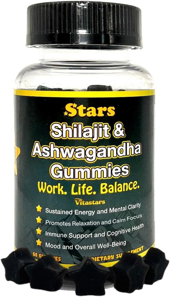 Shilajit Ashwagandha Gummies - Suplement do wsparcia immunologicznego z czystej Shilajit Resin - Organic Ashwagandha Gummy for Stress, Energy & Wellness, 60 Natural Star- Shaped Gummies