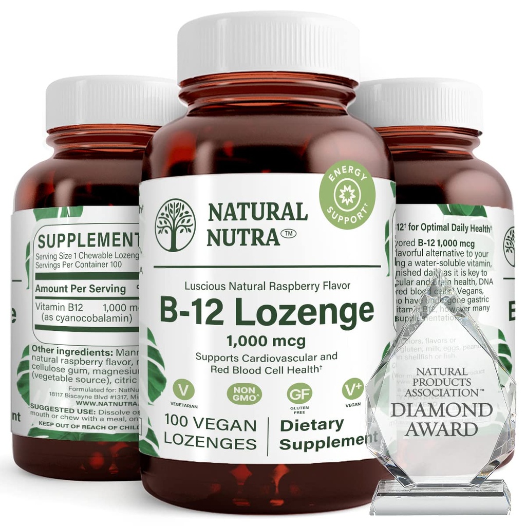 Naturalny suplement witaminy Nutra B12, Pomaga zwiększyć poziom energii, Zasadnicze dla zdrowego układu nerwowego, Pomaga poprawić nastrój i zdrowie psychiczne, Wspomaga układ sercowo-naczyniowy, 100 Lozenges