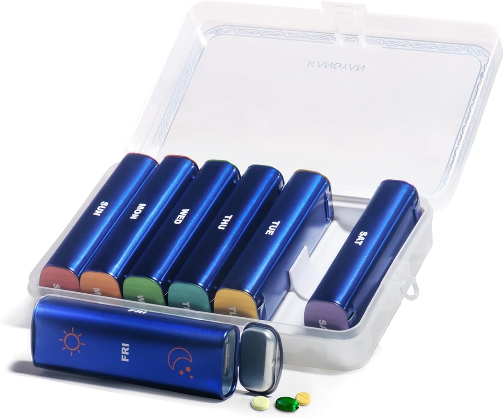 Metal Cotygodniowy Pill Organizator 2 razy dziennie, Aluminiowy Alloy Przenośny Pill Box 7 dzień, PM dwa razy dziennie Pill Case for Witamina, Medycyna, Suplement, Olej rybny